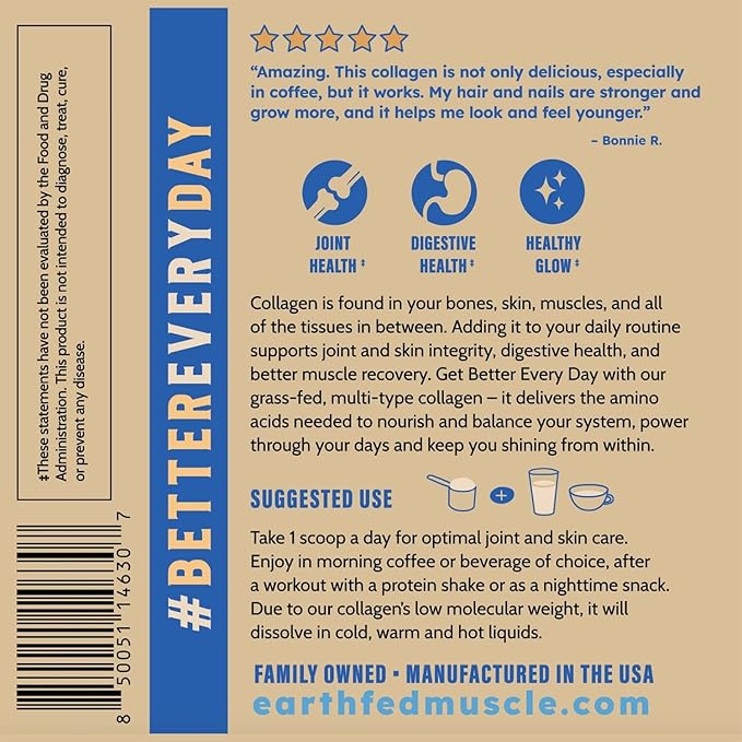Earth Fed Muscle Grass Fed Collagen Peptides Powder Vanilla - Hydrolyzed Multi Collagen Types I and III for Hair Skin Nails Joints - Keto Paleo Protein Supplement for Women&ampMen (21 Servings Vanil