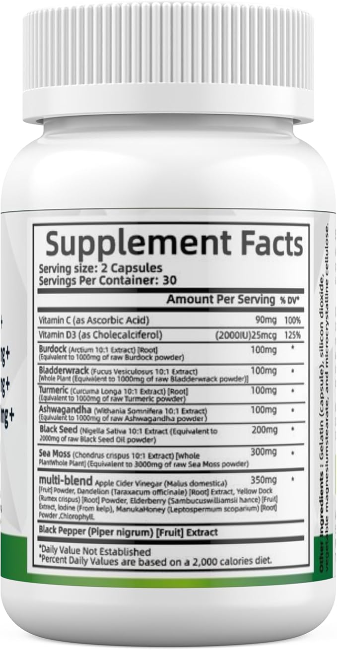 Super Sea Moss Blend - Advanced Formula with Ashwagandha KSM 66 Black Seed Oil Burdock Root Bladderwrack Turmeric ACV Ayurveda - Lab Tested Maximum Potency for Men and Women