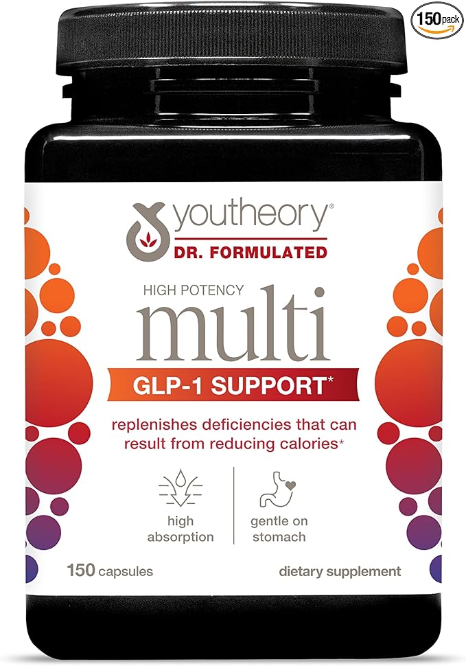 Youtheory High Potency Multi GLP-1 Support - High Absorption Multivitamins - for Immune Support &amp Bone Health - Gentle on Stomach - Vitamin D C Iron &amp More - 150 Vegetarian Capsules