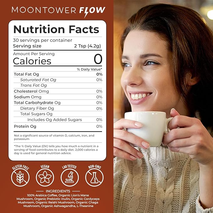Moontower Organic Mushroom Coffee - Instant Adaptogenic Blend with Lion's Mane Ashwagandha L-Theanine &amp Prebiotic Inulin for Focus Calm Energy &amp Gut Health - Real Ground Coffee - 30 Serving