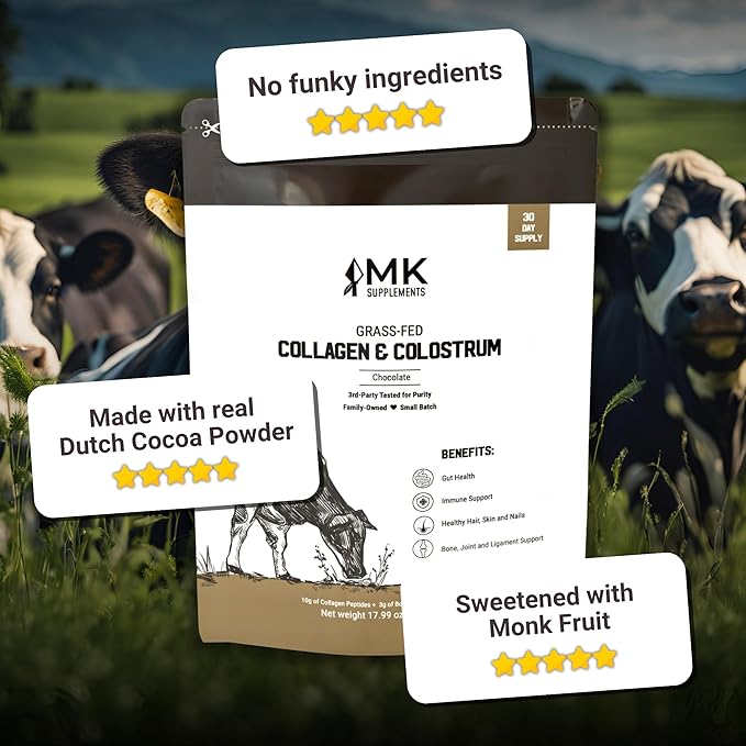 MK Supplements Collagen &amp Colostrum – Grass-Fed Collagen Peptides &amp Colostrum Powder for Hair Nail Skin Bone &amp Joint Health Chocolate Flavor + Monk Fruit