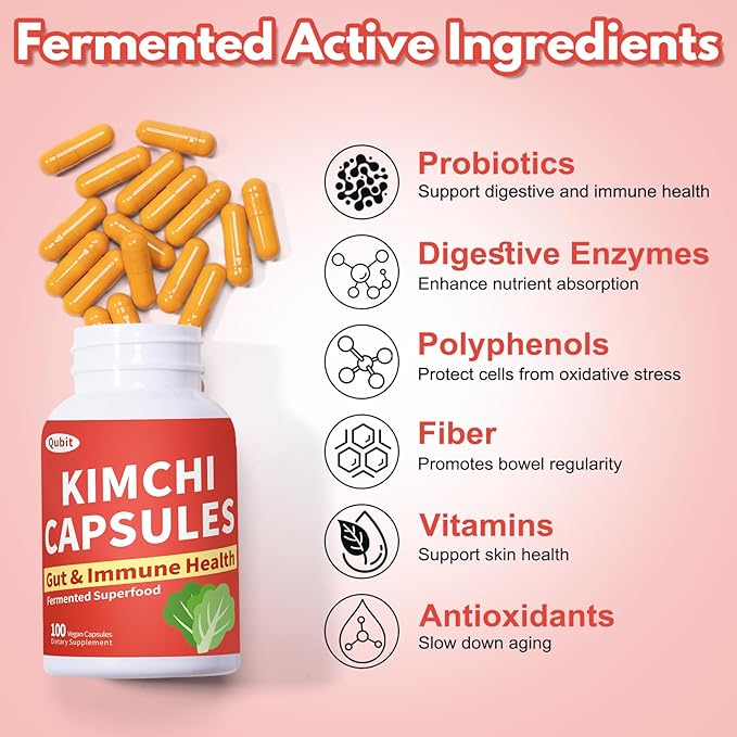 QUBIT Kimchi Capsules Kimchi Supplement Supports Gut Digestive &amp Fullness Taste Well One Capsule of Fermented Superfood for Antioxidant Support 90 Vegan Capsules Pills