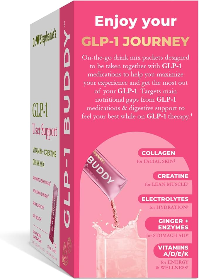 Dr. Stephanie's GLP-1 Buddy Pair with GLP-1 Boosters for Best Results - Digestive Support Preserve Lean Muscle Replenish Vitamins - Strawberry Watermelon Drink Mix