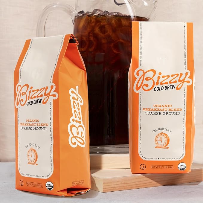 Bizzy Organic Cold Brew Coffee | Bundle | Coarse Ground Coffee | Breakfast Blend 1 LB + Breakfast Blend Brew Bags 4-count | 2 Pack