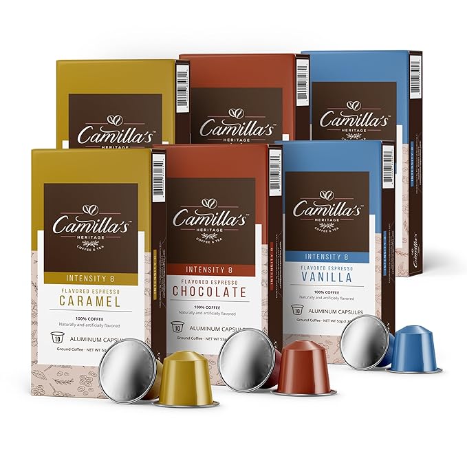 Camilla’s Heritage - Intensity 8 Flavored Espresso Coffee Variety Pack (Gourmet Chocolate Vanilla &amp Caramel Espresso Cups) 60 Coffee Pods