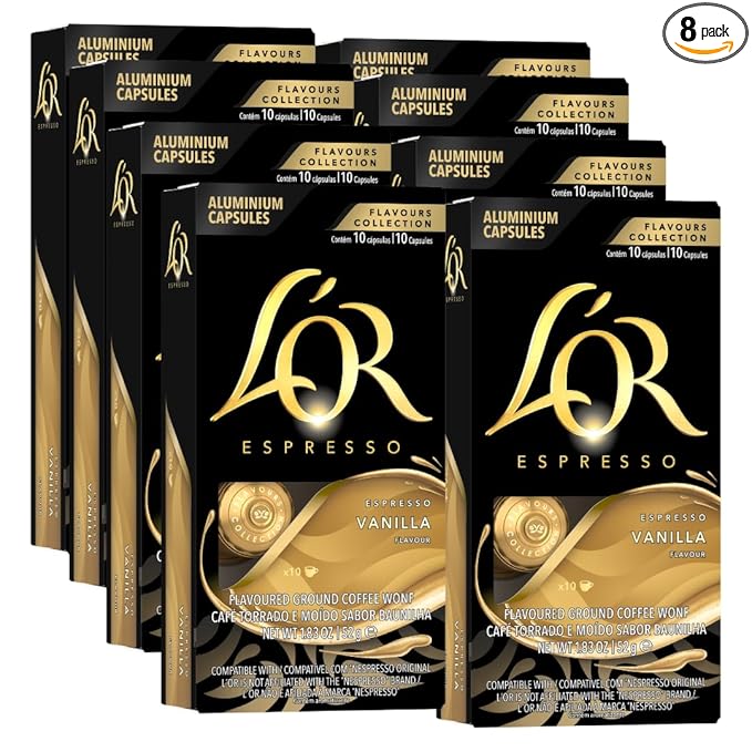 L'OR Espresso Capsules 80 Count Vanilla Single-Serve Aluminum Coffee Capsules Compatible with the L'OR BARISTA System &amp *Nespresso Original Machines 80 Count (Pack of 8)