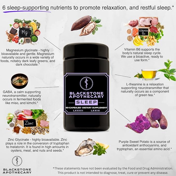 Sleep Supplement - Nutrient-Based - Magnesium Glycinate L-Theanine GABA Active B6 (P5P) Zinc Glycinate - in Black Glass Jar - Natural Lavender Scent - by Blackstone Apothecary