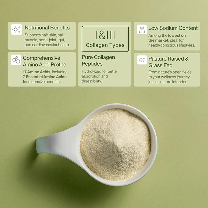 Collagen Peptides Powder Grass-Fed Pasture-Raised Hydrolyzed Collagen Powder Type I &amp III Hair Nails Skin and Joints Non-GMO Paleo &amp Keto Unflavored 16 Fl oz. 45 Servings