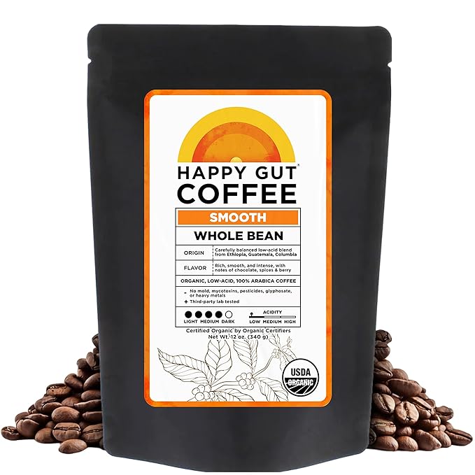 Happy Gut Coffee - Doctor-Formulated Organic Medium-to-Dark Roast Coffee - Gut-Friendly - Gentle on Stomach - Rich Flavor Gluten-Free No Bitterness - 12oz - SMOOTH - Whole Bean