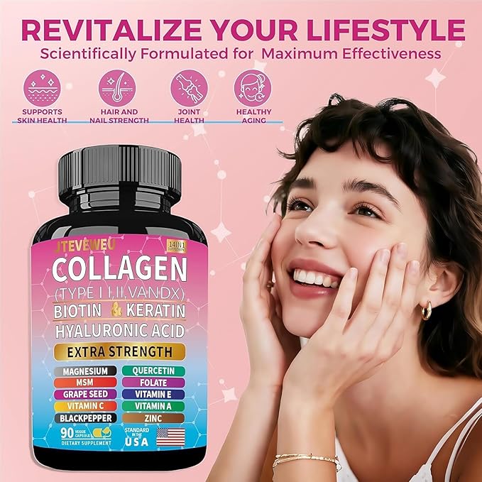 Collagen Supplement - Type I II III V and X - with Biotin Keratin Hyaluronic Acid &amp 13+ Extra Strength Ingredients - （180 Capsules）