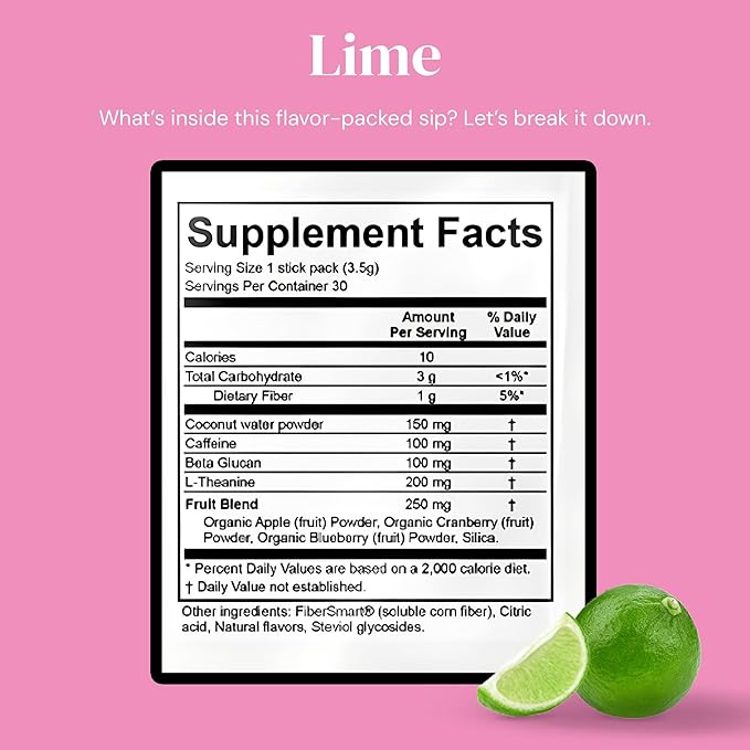 Sips Club Support Sip with Caffeine and L-Theanine Blend - Healthy Drink Mix Powder Packets for Immune &amp Digestive Health - All Natural Ingredients No Added Sugar or Dyes - Lime Time (30 Packs)