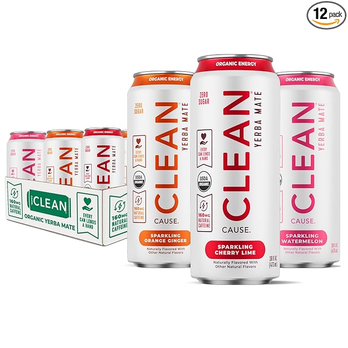 CLEAN Cause Zero Sugar Variety Pack Yerba Mate Tea Sparkling USDA Organic Energy Drink Alternative Zero Calorie 160mg Natural Caffeine Soda Alternative Plant-Based (16oz cans 12-Pack Case 3 Fla