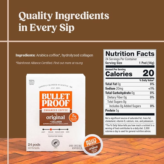 Bulletproof Coffee + Collagen Single-Serve Coffee Pods 24 Count Clean Coffee Tested for Toxins