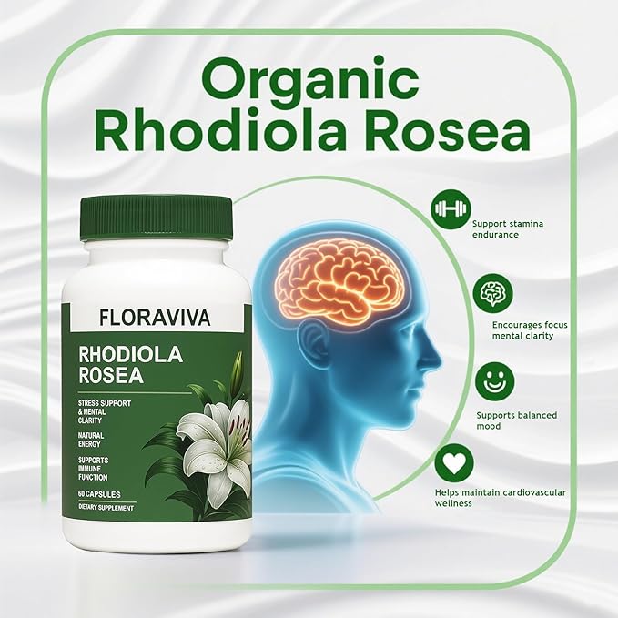Floraviva Rhodiola Rosea Capsules 500mg - Natural Adaptogen Supplement for Stress Support Mental Focus &amp Energy - Non-GMO