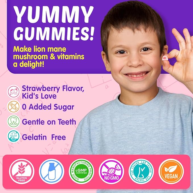 Kids Brain Gummies with Lion's Mane Mushroom Methyl B6 B9 B12 Supper Greens Lutein Brain Booster Supplement for Focus &amp Attention Cognitive Function Vision &amp Energy Sugar Free Vegan
