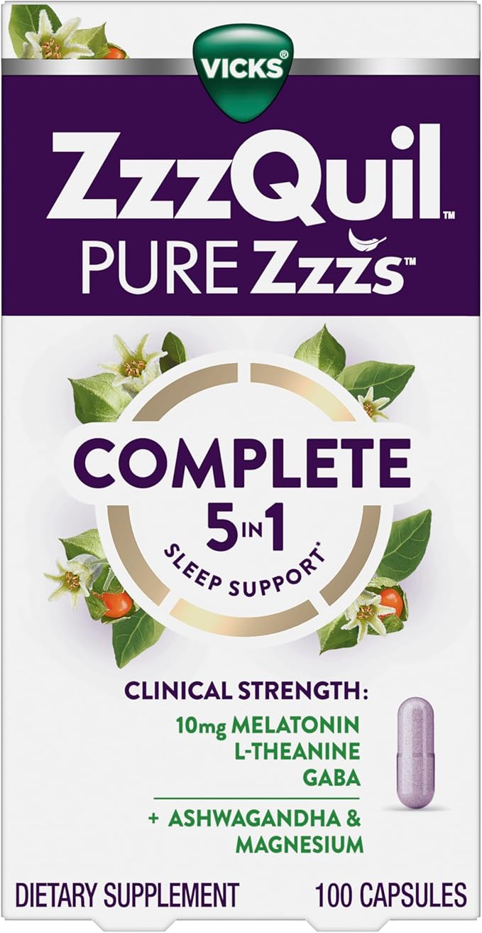 ZzzQuil Pure Zzzs Complete Sleep Melatonin 10mg L-Theanine GABA with Ashwagandha and Magnesium Melatonin Sleep Aid 100 Count