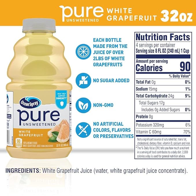 Ocean Spray® Pure Unsweetened White Grapefruit 100% White Grapefruit Juice 32 Fl Oz Bottle (Pack of 8)
