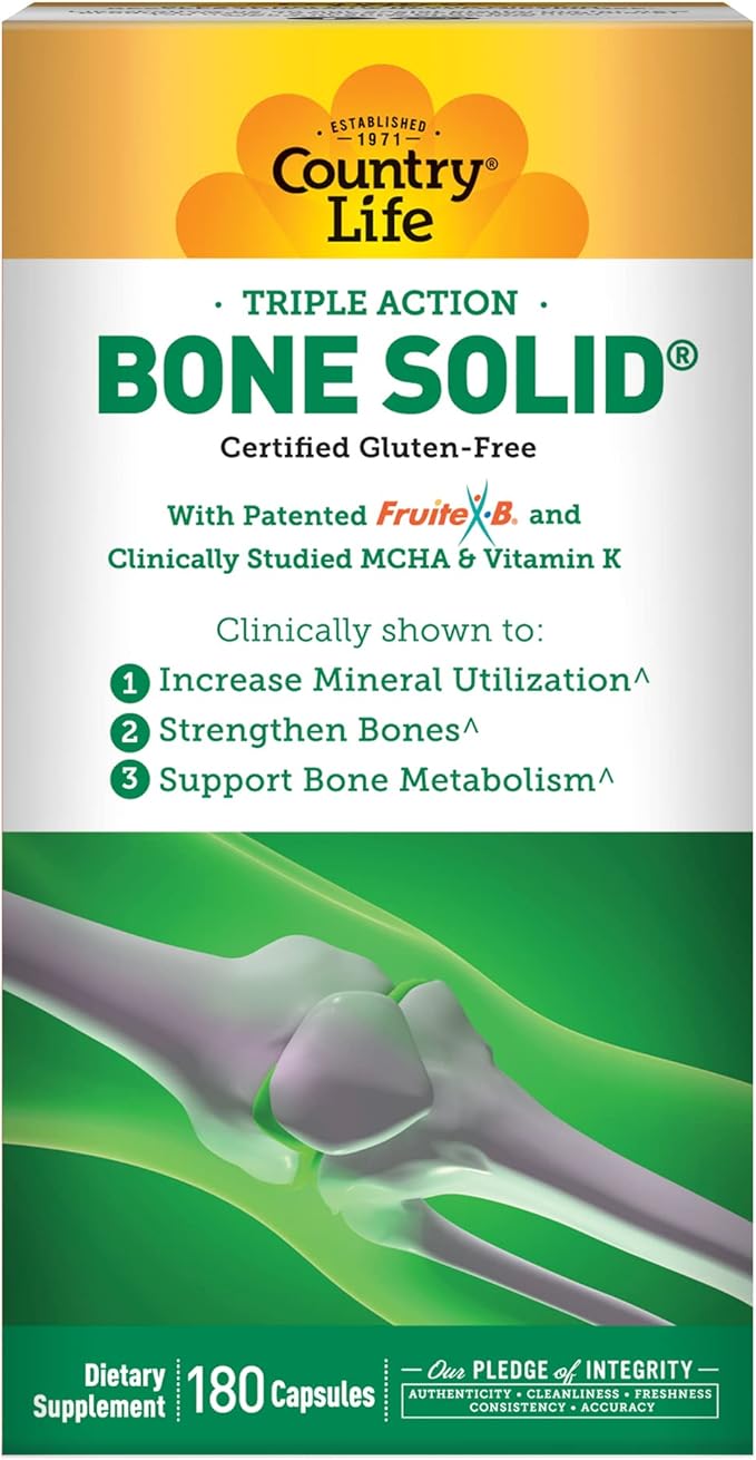 Country Life Bone Solid - Bone Health Supplement with Microcrystalline Hydroxyapatite (MCHA) Calcium Magnesium Zinc Vitamins K2 &amp D3 for Enhanced Bone Strength &amp Metabolism - 180 Capsules