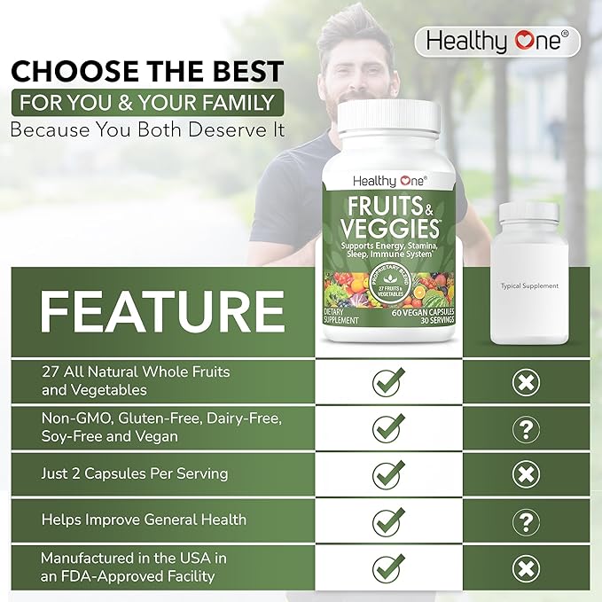 Fruits &amp Veggies Formula - 27 Premium Whole Foods - Organic Ingredients - Equals 3 Servings of Fruits &amp Vegetables - Improve Energy Focus &amp Immune Function - Fiber - Antioxidants - 120ct