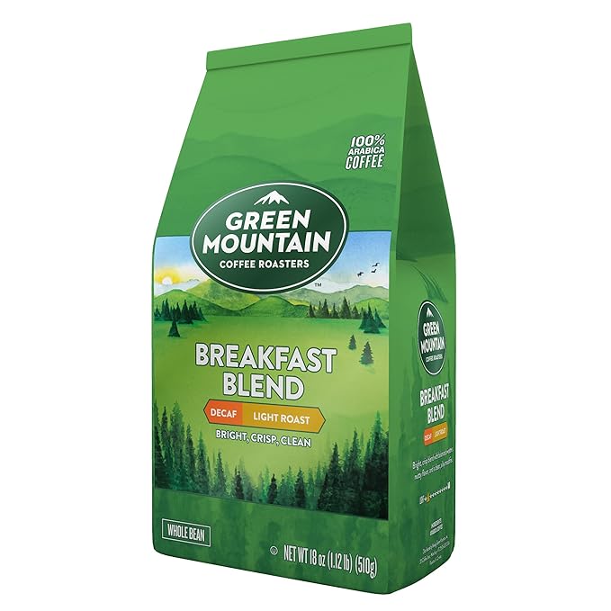 Green Mountain Coffee Roasters Breakfast Blend Decaf Whole Bean Coffee Light Roast Bagged 18 oz (Pack of 3)