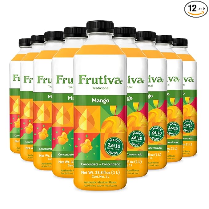 Frutiva Authentic Mango Drink Mix | Made in Mexico with Cane Sugar | Aguas Frescas Concentrate Makes 2.6 Gallons Per Bottle | No High Fructose Corn Syrup | Perfect for Drinks Desserts &amp More | 12