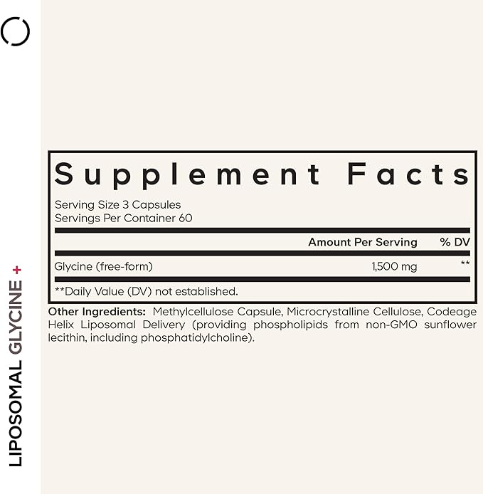 Codeage Liposomal Glycine+ Supplement - Free-Form Glycine 1500 mg with Liposomal Delivery - 2-Month Supply - Amino Acid Capsules - Protein Support - Glycine Vitamins - 180 Capsules
