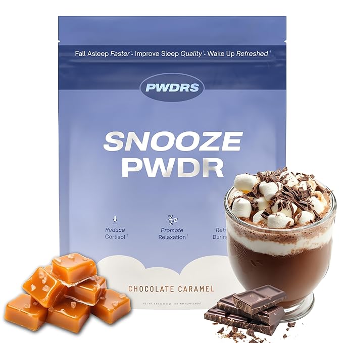 PWDRS Snooze Sleepy Time Hot Chocolate | All Natural Sleep Support | Magnesium Glycinate L Theanine Chamomile Electrolytes | 20 Calories Non GMO | Chocolate Caramel
