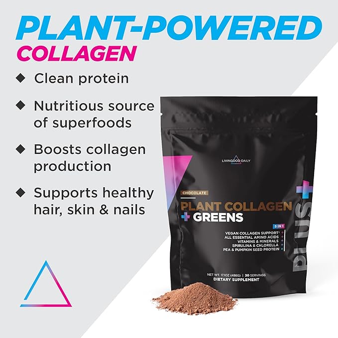 Livingood Daily Plant Collagen + Greens Powder Chocolate 5-in-1 Collagen Support with Pea Protein Amino Acids Spirulina Chlorella &amp Vitamin C Hair Skin Nails Support Vegan 30 Servings