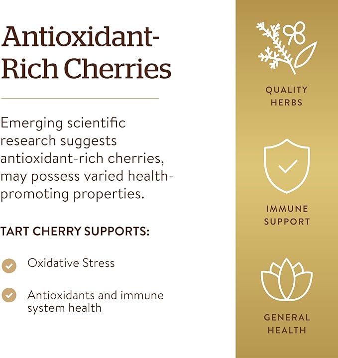 Solgar Tart Cherry 1000 mg 90 Vegetable Capsules - Antioxidant with Quercetin Chlorogenic Acid &amp Anthocyanins Compounds - Non-GMO Vegan Gluten Free Dairy Free - 90 Servings