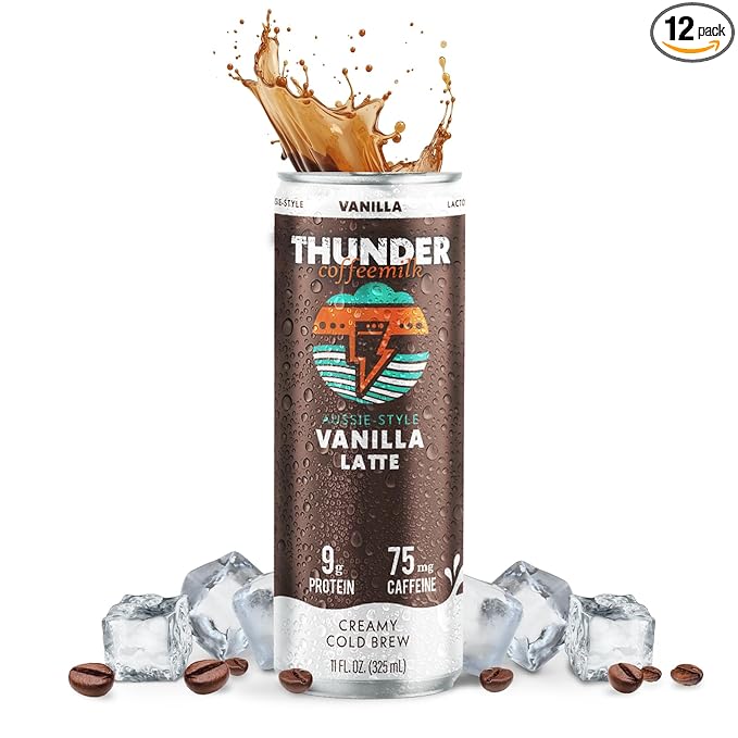 Thunder CoffeeMilk - 11 oz Aussie Style Cold-Brewed Latte Canned Coffee Iced Coffee Cans for Grab &amp Go Natural Protein-Rich 75mg Caffeine Energy Drink in Handy Cold Brew Cans Vanilla 12 Pack
