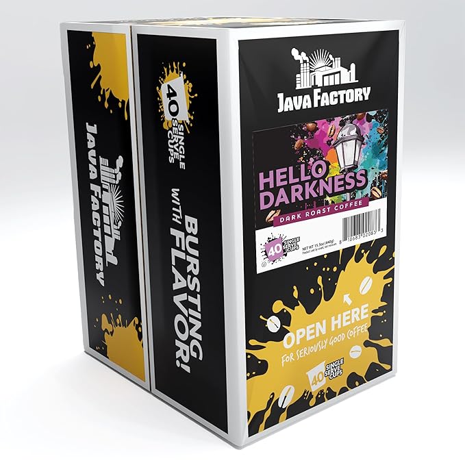 Java Factory Dark Roast Coffee Pods Hello Darkness 40 Count - Compatible with Keurig K Cup Brewers Bold and Intense Coffee Flavor for Coffee Aficionados