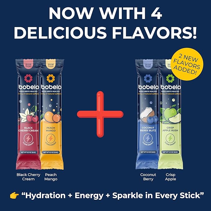 Bobelo Natural Energy Drink Powder - 4 Flavors Variety Pack Sugar Free Self Carbonating Hydration Packets w/ 100mg Guarana Caffeine Electrolyte Drink Mix Low Calorie Keto Friendly 40 Count