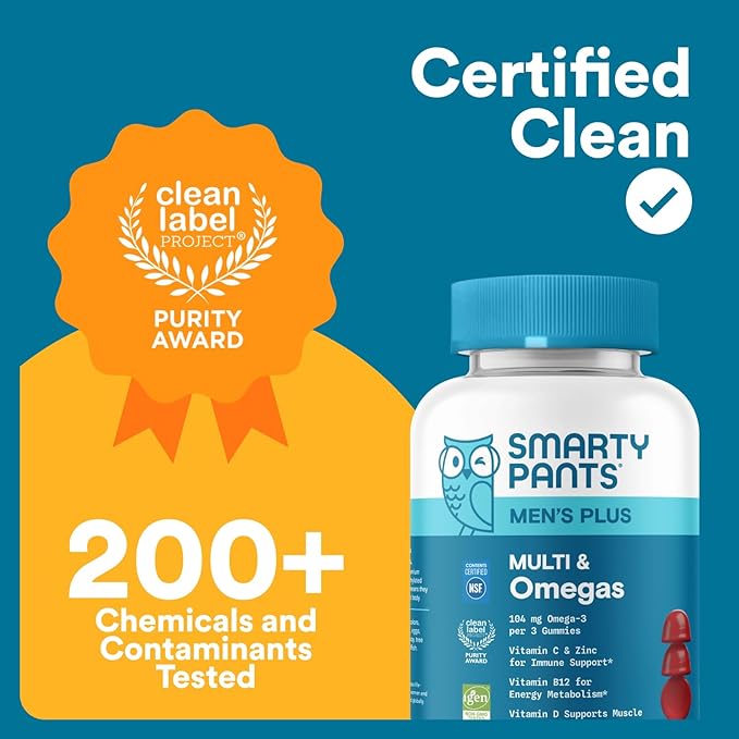 SmartyPants Men's Multivitamin Gummies Omega 3 (DHA/EPA) Methylfolate Vitamin D3 C Vitamin B12 B6 Vitamin A K Zinc &amp Selenium Gluten Free 90 Count (30 Day Supply)