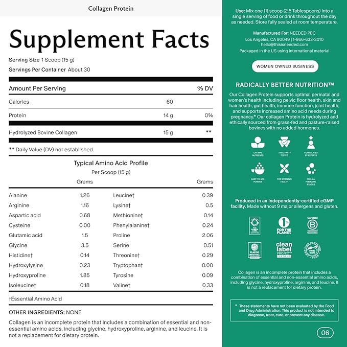 Needed. Hydrolyzed Collagen Protein Powder | Expert-Backed &amp Clean Sourced | Supports Skin Hair Joints | Grass-fed Pasture-Raised Hormone-Free | 1lb