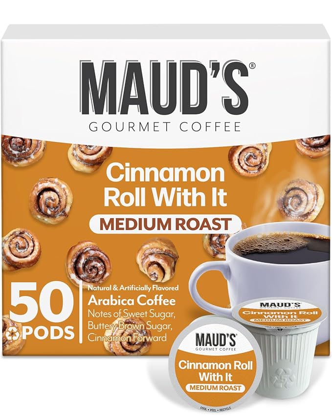Maud's Cinnamon Roll Flavored Coffee Pods 50 ct Medium Roast Flavored Coffee in Single Serve Pods – 100% Arabica Beans Compatible with Keurig K Cups Maker