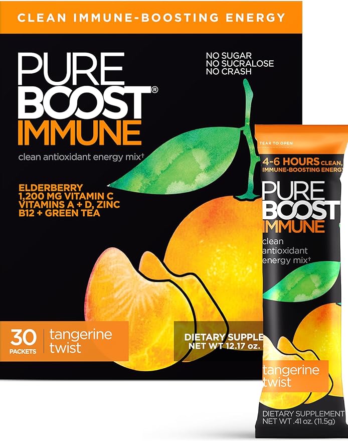 Pureboost Immune Clean Energy Booster Refreshing Energy Drink Mix and Immunity Supplement with Elderberry 1200 mg Vitamin C Vitamins A + D and Zinc. (Tangerine Twist 30 Count)