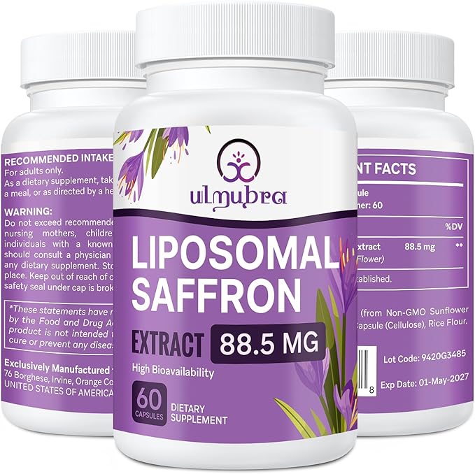 Liposomal Saffron Supplements 88.5 mg Maximum Absorption 100% Pure Saffron Extract Capsules for Mood Energy Vision &amp Focus - 60 Vegan Capsules