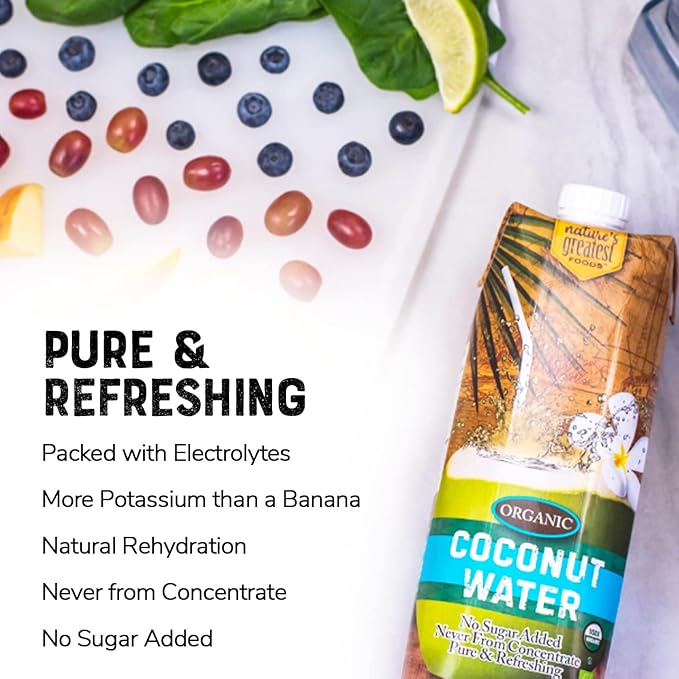 Nature's Greatest Foods Organic Coconut Water USDA Organic Certified No Sugar Added Never from Concentrate Pure &amp Refreshing 33.8 fl oz (Pack of 6)