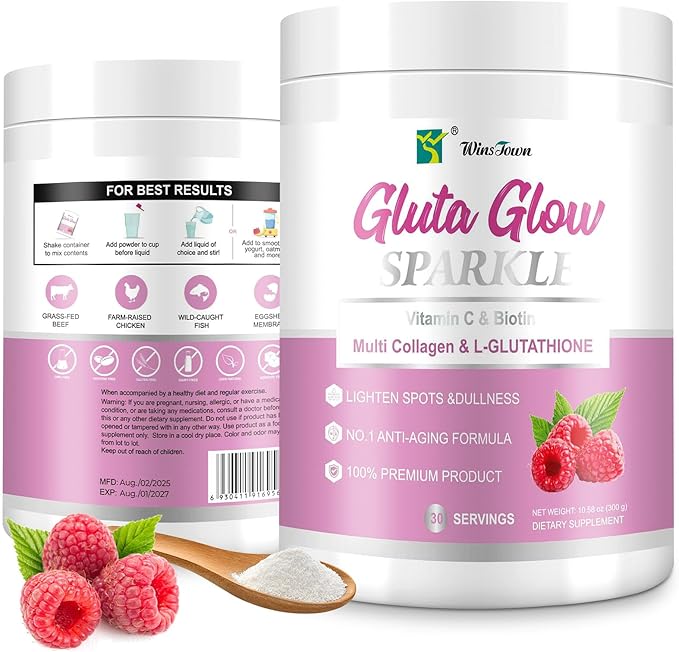 Multi Collagen&ampL-Glutathione Powder–Hydrolyzed Peptides with Vitamin C&ampBiotin–Supports Skin Brightness Hydration&ampNatural Glow–30 Servings