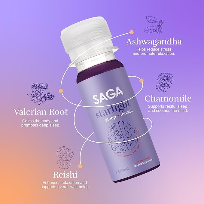 SAGA Starlight Organic Sleep Shots – Natural Sleep Aid with Melatonin Reishi Valerian Root Ashwagandha Chamomile – Sugar-Free Vegan Zero Calories Plant-Based Sleep Support Travel Size (2Fl Oz)