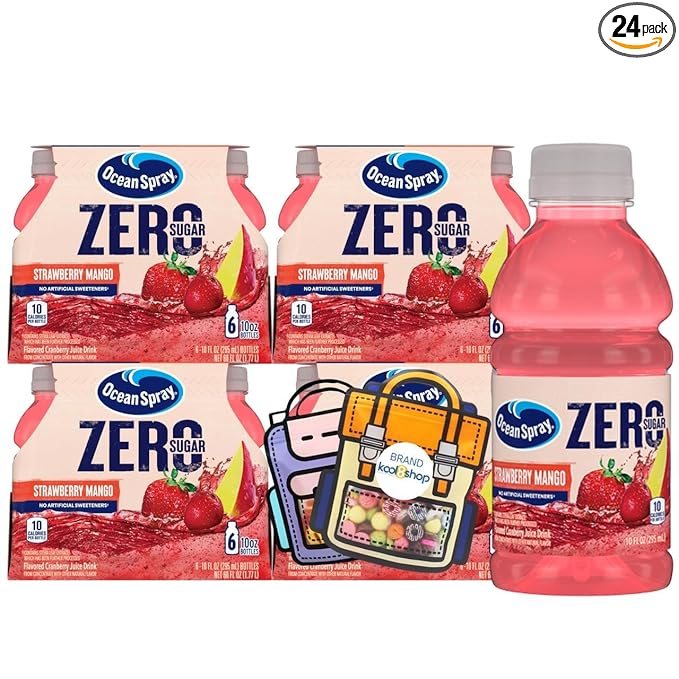 Ocean Spray Zero Strawberry Mango Sugar Fruit Juice 10 fl oz 24 Pack + 2 Reusable Snack Bags by KOOL8SHOP Infinite Deals