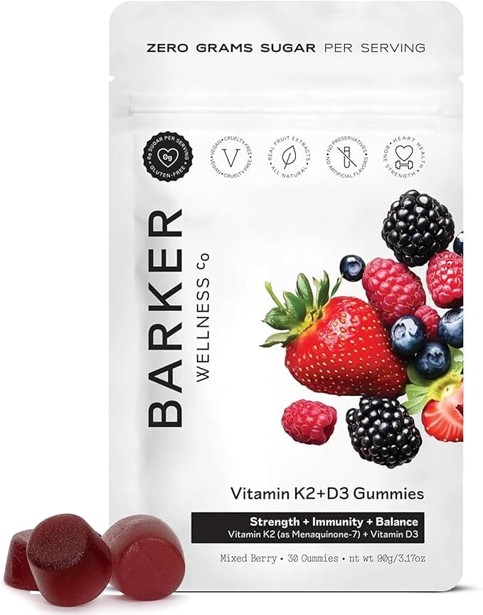 Barker Wellness D3 K2 Vitamin Gummies – Max Potency 6000IU D3 + 200mcg K2 for Strong Bones Cardiovascular Wellness Immune Support | Vegan Sugar-Free Delicious Mixed Berry | 30 Servings