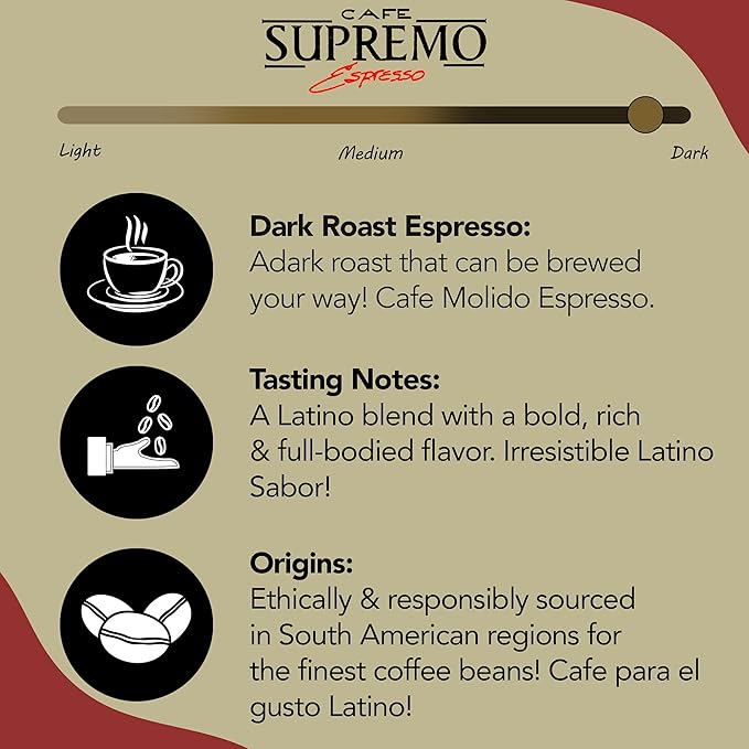 Cafe Supremo Espresso Coffee Dark Roast 100% Espresso Ground Coffee with a Latino Taste Blend Vacuum Sealed Brick (8.8 Ounce Pack of 12)