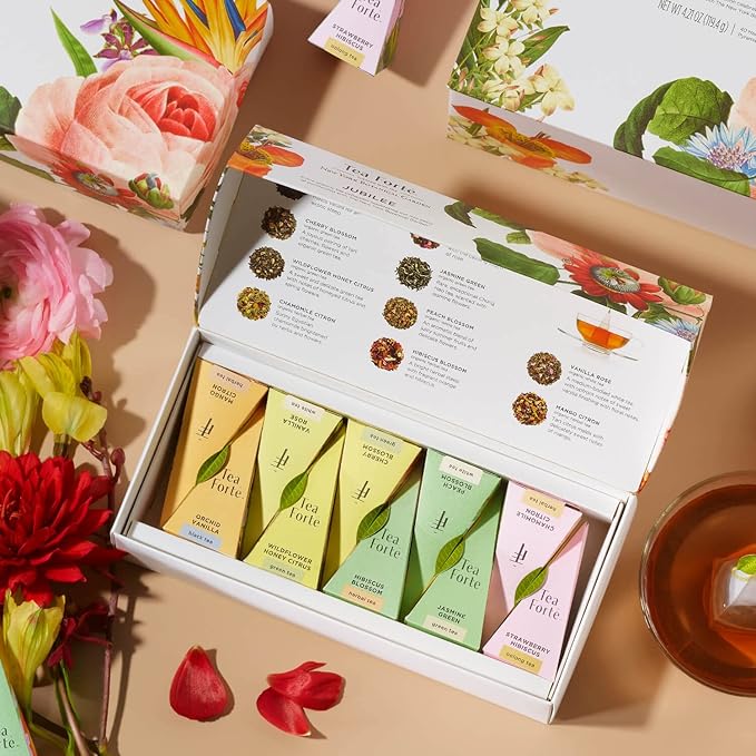 Tea Forte Premium Petite Presentation Box Gift Set Sampler 10 Count 2 of Each Blend Individually Wrapped Handcrafted Pyramid Infuser Bags Jubilee Tea