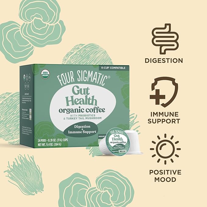 Four Sigmatic Gut Health Organic Coffee Pods | Medium Roast Probiotic K Cups with Chaga and Turkey Tail | Immune Boosting Probiotic Mushroom Coffee K Cups for Gut Health and Immune Support | 24 Count