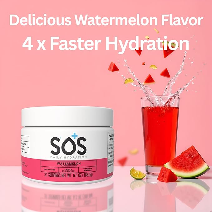 SOS Hydration Electrolyte Powder Drink Mix – Watermelon 31 Servings | Low Sugar Electrolytes 15 Cal | Keto Hydration Powder for Rapid Rehydration