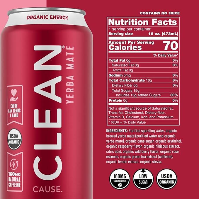 CLEAN Cause Low Calorie Low Sugar &amp Zero Calories Zero Sugar Variety Pack Sparkling Yerba Mate Tea 160mg Caffeine Organic Healthy Alternative to Energy Drinks (16oz cans 2-12-Pack Case)