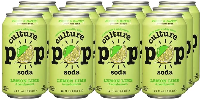 Culture Pop Lemon Lime &amp Cardamom Probiotic Soda Plant Based 12 Fluid Ounces (Pack Of 12)