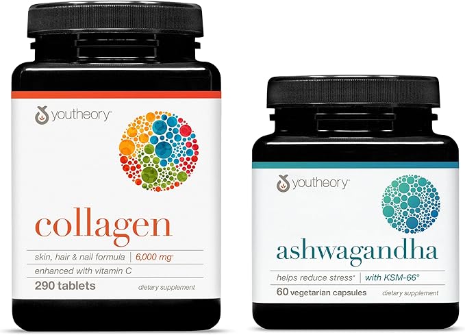 Youtheory Advanced Collagen 6000mg + Vitamin C (290 Tabs) Ashwagandha 1000mg (60 Veg Caps) – Hair Skin Nails Stress &amp Cortisol Support – Women &amp Men Supplements