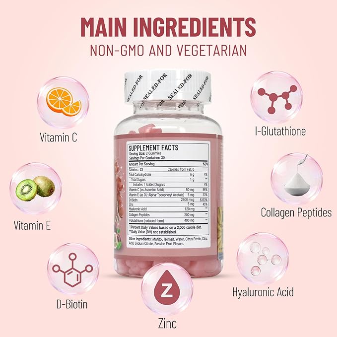 Skin Whitening Gummies with Glutathione Collagen and Bioth Hydrated Youthful Skin Glow and Spots Fading Anti-Aging 60 Count